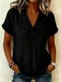 Chemise décontractée en coton et lin noir à manches courtes et col en V pour femme - Noir
