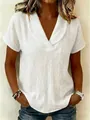 Chemise décontractée en coton et lin blanc avec col en V et manches courtes pour femmes - Blanc