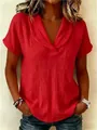 Chemisier décontracté en coton et lin pour femme avec col en V et manches courtes, rouge vif - Rouge