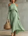 Elegant sage green cold-shoulder maxi dress with ruffle detailing for summer vacation. - Olive Green