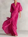 Elegant fuchsia deep V wrap maxi dress featuring flowy lantern sleeves and waist tie detail. - S / Dresses / Rose Red