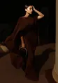 Elegant brown floor-length evening gown with a unique draped cape and slim-fit style. - Dark Red