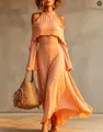 Peach ruffle off-shoulder maxi dress, perfect for elegant summer vacations and resort wear - S / Tops / Orange Red