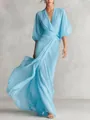 Elegant light blue wrap maxi dress featuring flowing lantern sleeves and a deep V-neckline - S / Dresses / Sky Blue