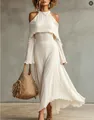 Elegant white off-the-shoulder long sleeve top with ruffled edges for summer vacation - S / Tops / White