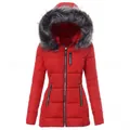 Parka de invierno roja entallada para mujer con capucha grande de pelo sintético gris. - S / Parte Superior (N4970) / Rojo