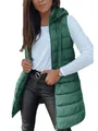 Close-up of a women's long forest green hooded quilted vest with functional zipper - Green