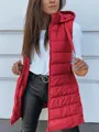 Detail view of a women's long red hooded quilted vest with zipper closure and pockets. - Red