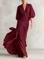 Elegant wine red V-neck wrap maxi dress featuring stylish puff sleeves and belted waist. - S / Dresses / Burgundy