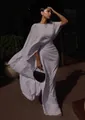 Elegant white draped evening gown with slim-fit ruched design and cape sleeve for women - White