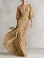 Elegant champagne gold deep V-neck wrap maxi dress with lantern sleeves and tie waist - S / Dresses / Camel