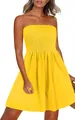 Elegant women's strapless smocked summer dress in a vibrant and solid yellow color - S / Dresses / Yellow