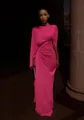 Elegant hot pink draped evening gown with cape sleeves and slim-fit silhouette - Rose Red