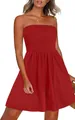 Women's elegant solid red strapless tube top summer dress with smocked bodice detail - S / Dresses / Red