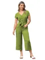 Fashionable green V-neck short sleeve jumpsuit with adjustable waist tie and wide leg design - S / Jumpsuits / Green