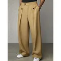 Pantaloni da abito casual da uomo larghi e dritti color kaki con dettagli bottoni - Taglia M / Pantaloni e gonne / Kaki