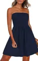 Elegant navy blue strapless smocked tube dress for women's stylish summer fashion - Dark Blue