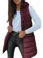 Detailed view of women's burgundy longline hooded puffer vest with zipper closure. - Burgundy