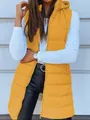 Detail view of mustard yellow quilted hooded vest with zipper closure for women - Yellow
