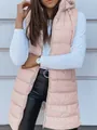 Close-up detail of women's long hooded quilted puffer vest in soft pink color - Pink