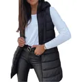Stijlvolle lange zwarte gewatteerde bodywarmer met capuchon voor dames en ritssluiting - S / Tops / Zwart
