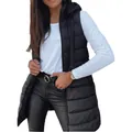 Women's mid-length hooded puffer vest jacket with zipper in solid black for winter - S / Tops / Black