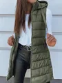 Modieuze lange gewatteerde damesbodywarmer in legergroen met capuchon en rits - S / Tops / Legergroen