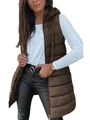 Women's brown mid-length hooded quilted vest with zipper closure and solid color design - Coffee