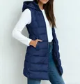 Women's mid-length hooded quilted puffer vest in classic dark blue solid color - Sapphire Blue
