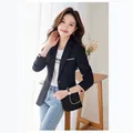 Elegant slim fit women's black blazer featuring pink contrast piping and button details - S / Tops / Black