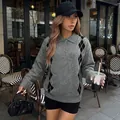 Classic women's grey argyle knit long-sleeve sweater with polo collar and buttons - S / Tops / Dark Gray