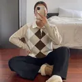 Gentle argyle pattern polo sweater with long sleeves and loose fit for women 2026. - S / Tops / Khaki