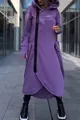 Detailed view of women's purple long hooded sweatshirt coat with asymmetric black zipper. - S / Tops / Purple