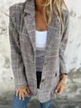 Detail view of a retro houndstooth plaid blazer jacket for women with red accents. - S / Tops / Red
