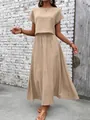 Summer bohemian two-piece linen set with short sleeve crop top and flowing maxi skirt - S / Top And Bottom / Apricot