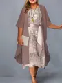 Close-up detail of plus size floral print dress with matching mauve sheer long cardigan - S / Top And Bottom / Silver