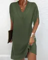 Detailed macro shot of the elegant army green V-neck pleated dress with stylish batwing sleeves - S / Dresses / Army Green