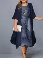 Detailed view of women's plus-size dark blue floral print dress with a matching cardigan - S / Top And Bottom / Dark Blue