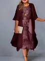 Elegant plus-size wine red floral midi dress with matching long-sleeved sheer cardigan - S / Top And Bottom / Burgundy