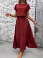 Full-length view of a casual two-piece red linen set featuring a short-sleeve top and maxi skirt - S / Top And Bottom / Red