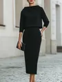 Elegant black two-piece commuter set featuring a boat-neck top and midi pencil skirt. - XS / Top And Bottom / Black