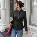 Elegant black striped long-sleeve peplum shirt with jeweled buttons for women - S / Tops / Black