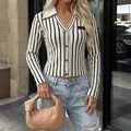 Elegant slim fit long-sleeved black and white striped knit cardigan for women autumn - S / Tops / Blue & White