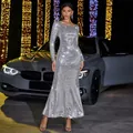 Elegante vestido de noche largo con lentejuelas plateadas, manga larga y corte sirena - S / Vestidos / Plateado