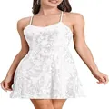 Elegant white sequin mini dress with spaghetti straps and floral lace detail - S / Dresses / White