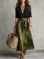 Boho chic two-piece set featuring black linen shirt and olive green maxi skirt outfit - S / Top And Bottom / Black Green