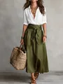 Full view of women's casual two-piece set featuring a white shirt and green maxi skirt - S / Top And Bottom / White Green