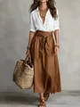 Bohemian summer outfit with white button-down shirt and brown high-waist maxi skirt - S / Top And Bottom / White Brown