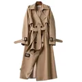 Trench doppiopetto classico color kaki di media lunghezza con cintura regolabile da donna - Taglia S / Top / Kaki