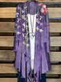 Langer lila Damen-Cardigan mit Blumen- und Kolibri-Print, vorne offen - S / Oberteile / Violett Kolibri Blumen